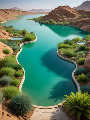 verdant sanctuary nestled amidst barren expanse, adorned with luxuriant flora and a tranquil aqua reservoir, presents a striking juxtaposition to parched environs