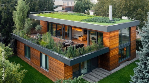 Eco-friendly urban home with bamboo walls, a green roof, and an airy, sustainable design.