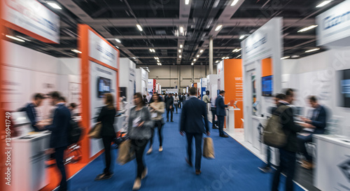 blurred Vibrant Trade Show Floor with Booths, Attendees, and Bright Lighting