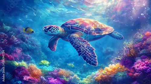 Fototapeta Naklejka Na Ścianę i Meble -  Sea turtle swimming the undersea, Beautiful Underwater and colorful coral in the wild nature of the Pacific Ocean.