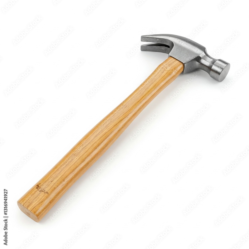 Claw hammer with wooden handle on white background