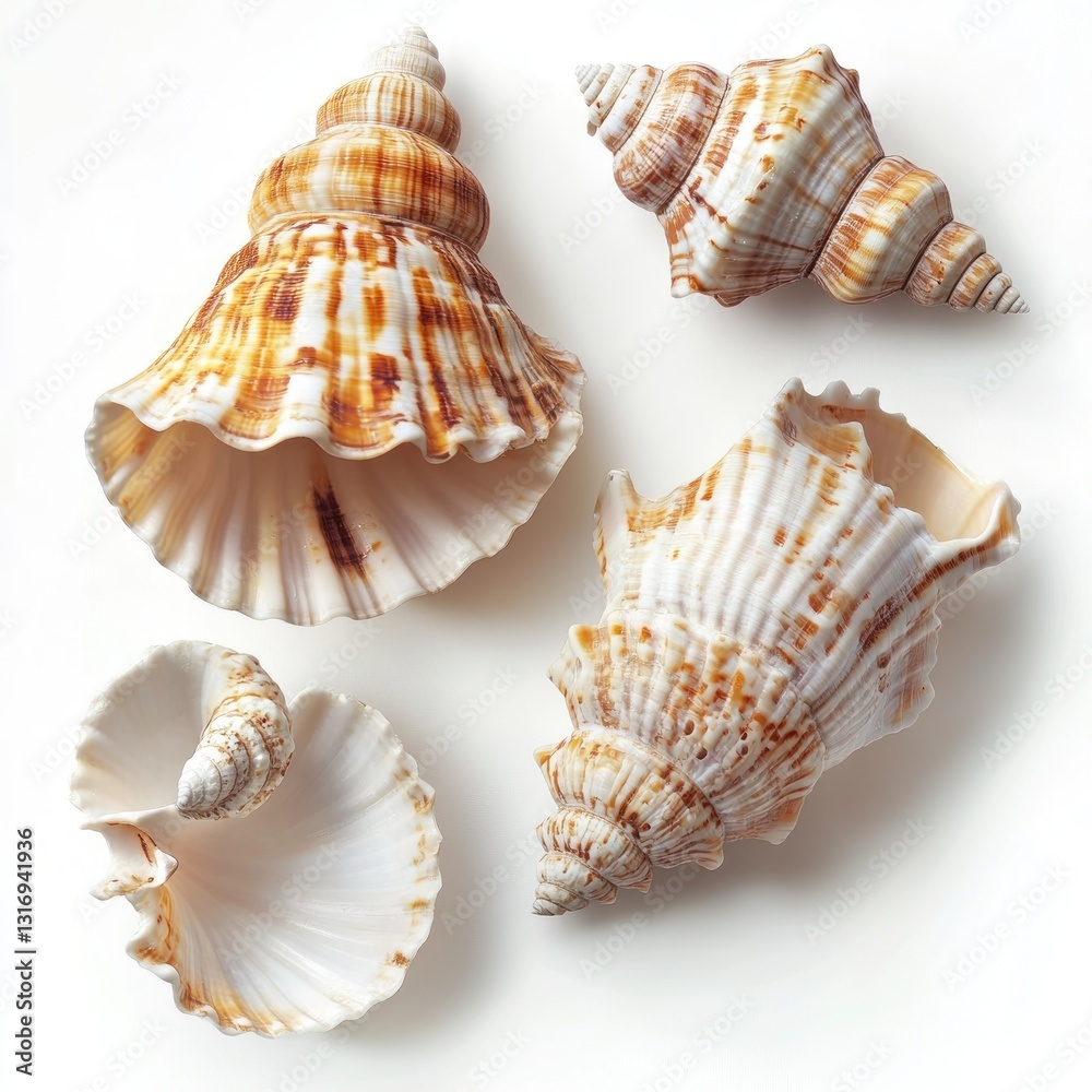 Obraz premium Four seashells arranged on white background