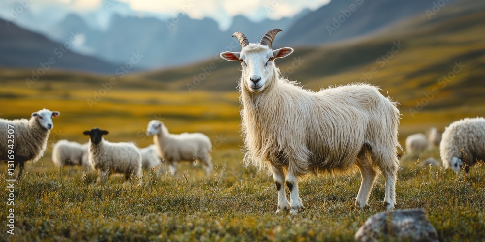 Obraz premium Hillside pasture with grazing rams and ewes