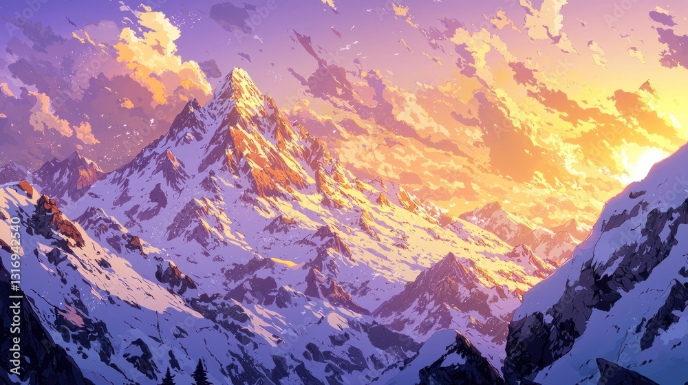 Obraz premium Majestic snow-capped mountain peak at sunset, vibrant colors, dramatic cloudscape.