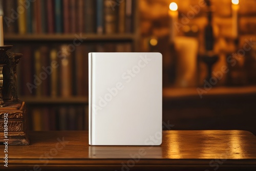Copy Space of a Book – Blank White Hardcover Mock Up Book on Antique Wooden Desk with Vintage Study Room Ambience
