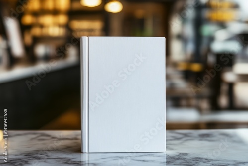 Copy Space of a Book – Minimalist White Mock Up Book on Marble Countertop with Cozy Coffee Shop Background