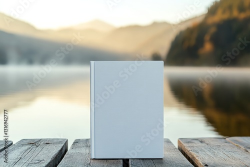 Copy Space of a Book – Blank White Hardcover Mock Up Book on Wooden Pier with Misty Lake and Mountains at Sunrise