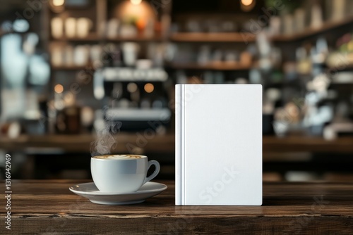 Copy Space of a Book – Hardcover White Mock Up Book on Vintage Wooden Bar Counter in Cozy Café