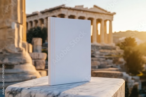 Copy Space of a Book – Simple White Mock Up Book on Marble Pedestal in Ancient Greek Temple with Sunset Light