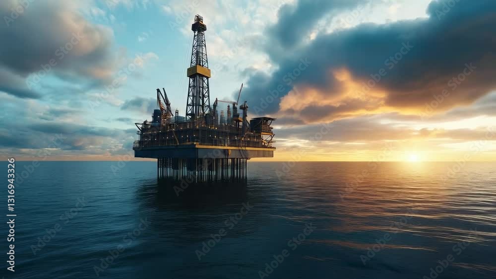 Sunset over offshore oil rig highlighting industry operations in calm waters Sunset over offshore oil rig highlighting industry operations in calm waters