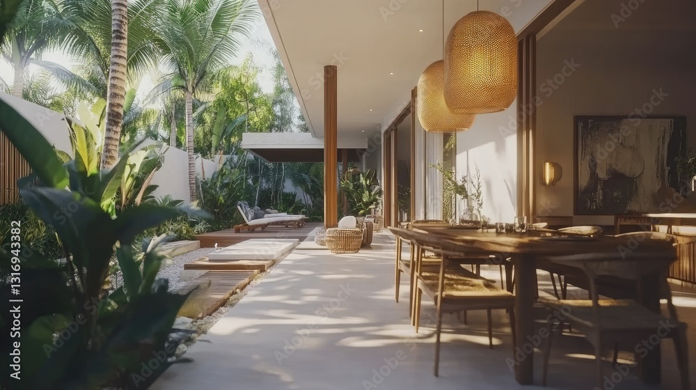 Fototapeta premium Elegant rental villa with an outdoor dining area, modern design, and tropical plants.