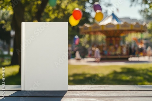 Copy Space of a Book – Unmarked White Mock Up Book on Picnic Table with Playful Playground in Background
