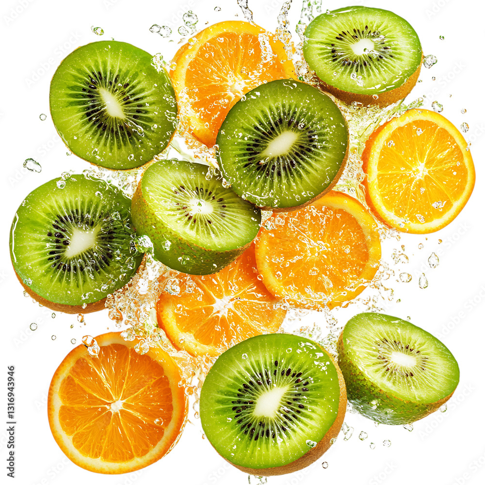 Kiwi and Orange Slices Flying in Juicy Citrus Bursts Isolated on Transparent Background Kiwi and Orange Slices Flying in Juicy Citrus Bursts Isolated on Transparent Background
