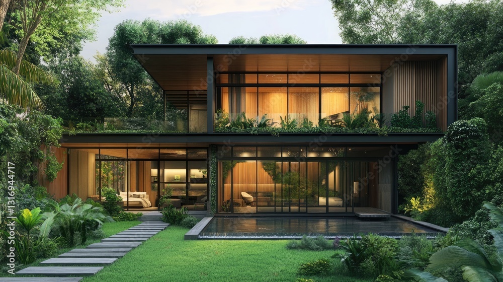 Elegant two-story minimalist house with an ultra-modern design and landscaped surroundings. Elegant two-story minimalist house with an ultra-modern design and landscaped surroundings.