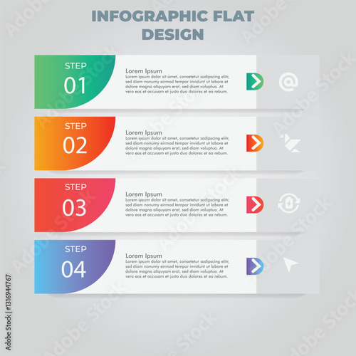 Four-step process infographic; gradient design; grey background; presentation template