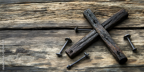  A wooden cross placed on a wooden table, surrounded by nails, symbolizing sacrifice and faith in a religious context.