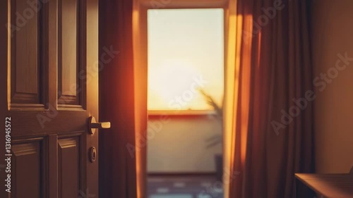 Sunrise light streaming through an open door illuminating a cozy room with a serene atmosphere