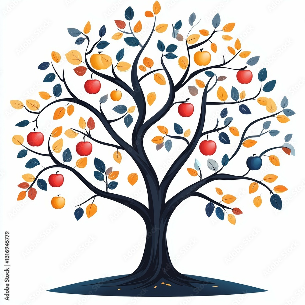 Fototapeta premium Autumn Apple Tree Illustration