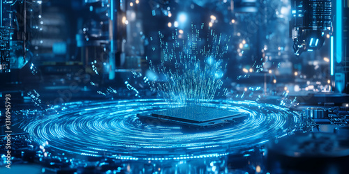 A futuristic scene depicting a computer chip surrounded by water ripples and glowing blue lights, symbolizing advanced technology and digital innovation.