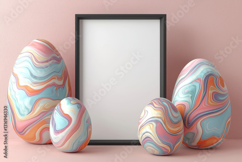 Colorful marbled Easter eggs with blank frame on pastel pink background