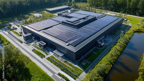 Sustainable Energy-Powered Data Center with Solar Panels Aerial View, Greenery Surroundings
