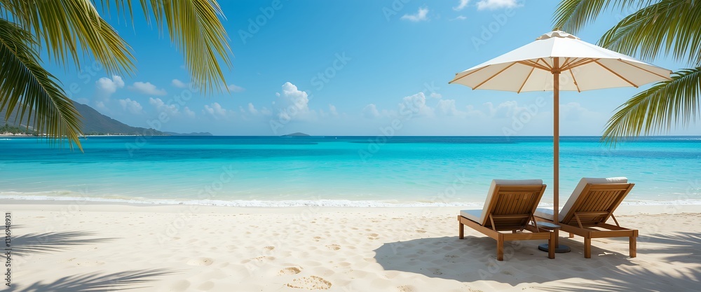 Fototapeta premium Exotic Paradise Beach Getaway with Loungers and Azure Serenity