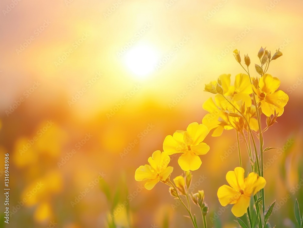 Fototapeta premium Radiant Yellow Flowers Blooming in Warm Sunlight Gentle Breeze Swaying Petals Serene Meadow Golden Hour Floral Beauty Capturing Nature