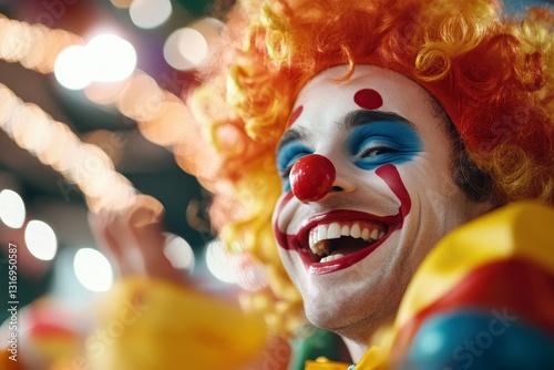 Smiling clown in colorful attire entertains a crowd at a lively festival