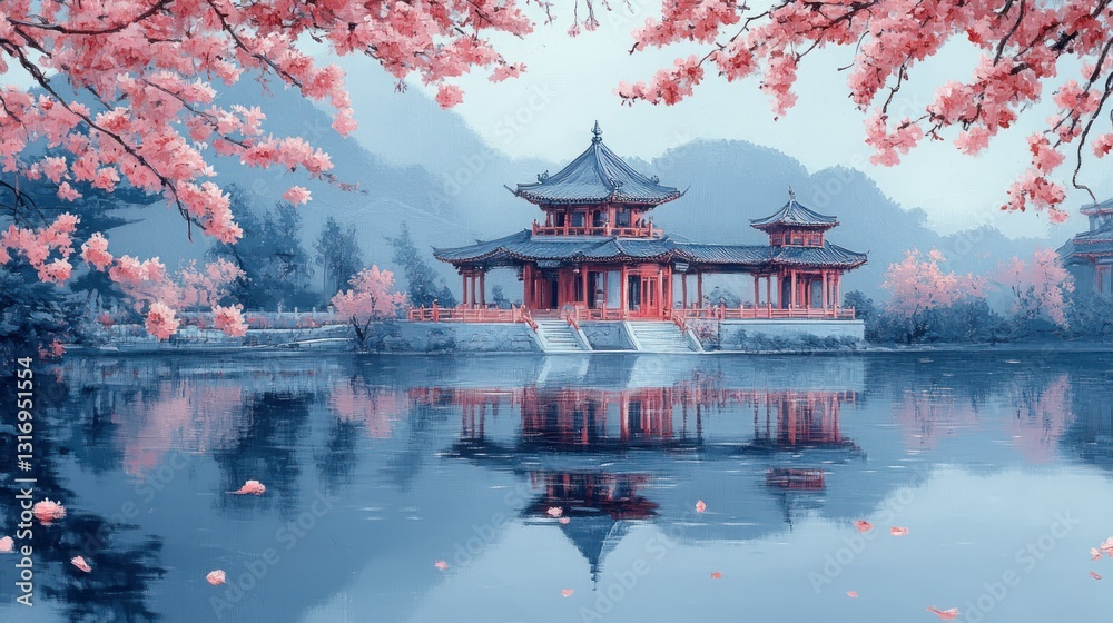 Obraz premium Serene Asian landscape with cherry blossoms and traditional pavilion reflecting on a calm lake