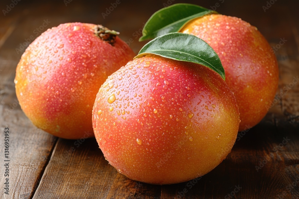 Three ripe mangoes with water droplets on a wooden surface. Three ripe mangoes with water droplets on a wooden surface.