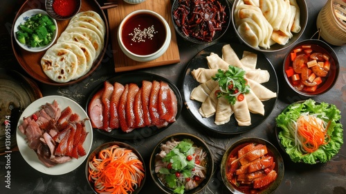 Wallpaper Mural Exquisite Array of Asian Cuisine Showcasing Delicious Dishes Including Dumplings, Noodles, Roast Meats, and Fresh Ingredients Torontodigital.ca