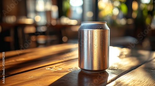 Empty Can on Wooden Table, Cafe Setting