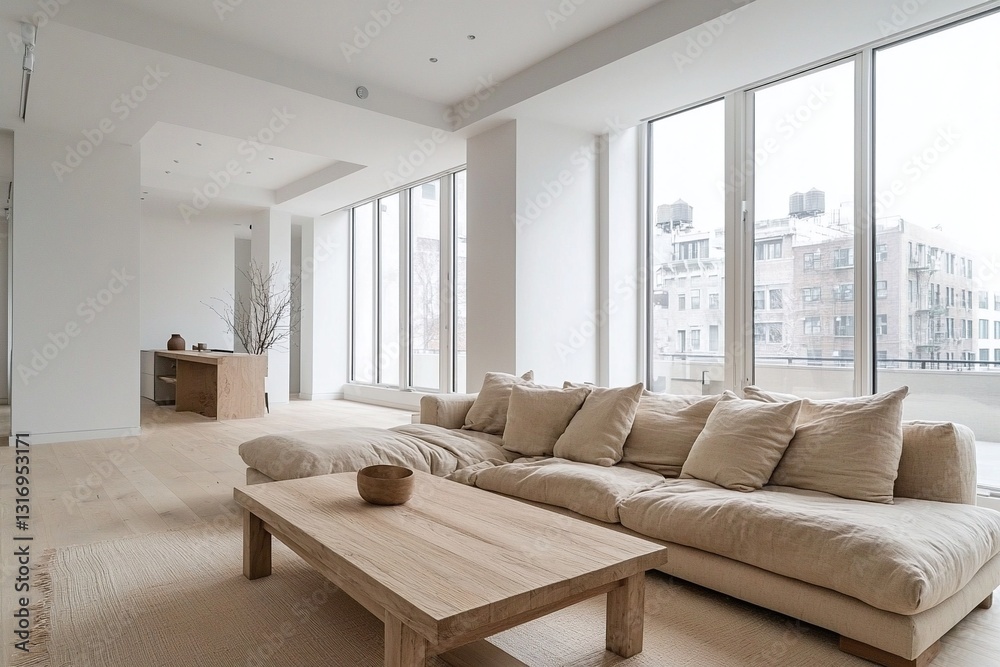 Fototapeta premium A modern minimalist interior design in the living room with a beige sofa and coffee table. Generative AI 