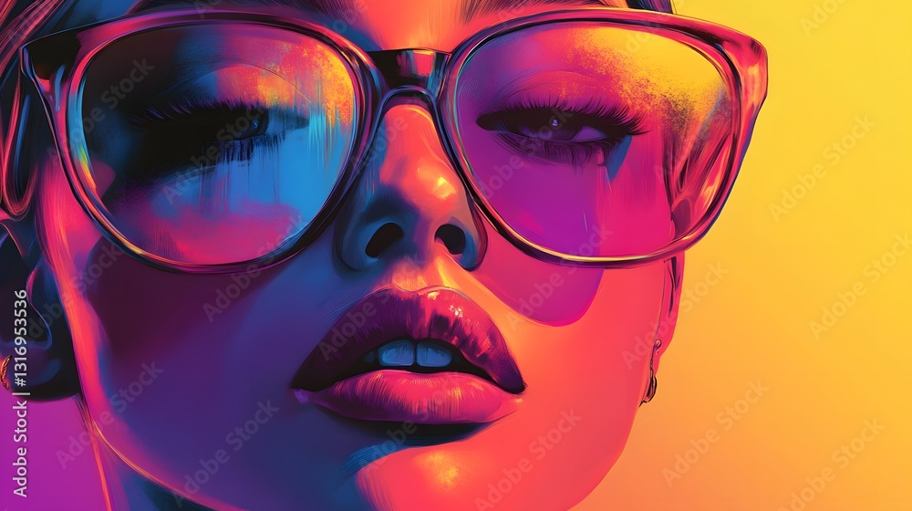 Vibrant Pop-Art Style Woman with Neon Glasses Vibrant Pop-Art Style Woman with Neon Glasses