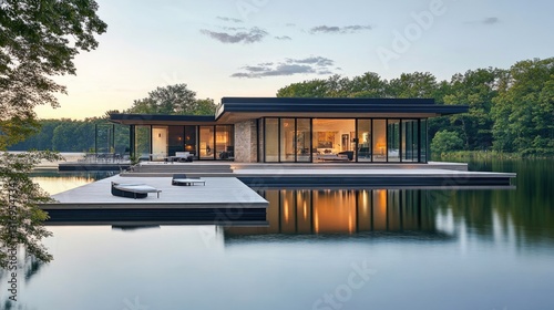 Minimalist lakeside home with a floating deck, glass walls, and a serene reflection on the water.