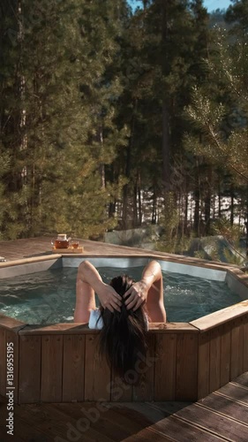 Dark haired woman relaxes in a steaming hot tub, gently moving her wet hair and enjoying the serene view of a snowy winter forest, a cup of tea placed nearby on the wooden deck