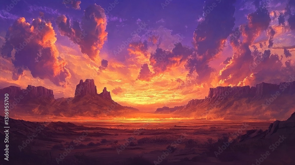 Fototapeta premium Vibrant sunset over a desert landscape with dramatic clouds and mountains.