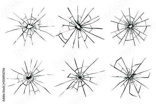 set of black and white Shattered Window, Cracked Glass Surface, and Broken Windshield Glass Texture Silhouette Vector