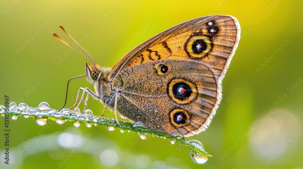 Obraz premium Close-up of a brown butterfly with dew drops on a leaf.