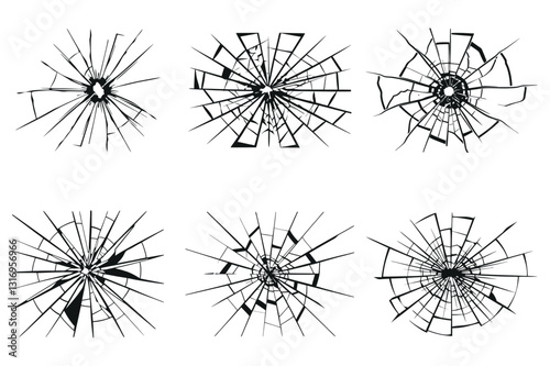 set of black Cracked Glass, Broken Window, and Shattered Windshield Glass Texture Silhouette Set vector