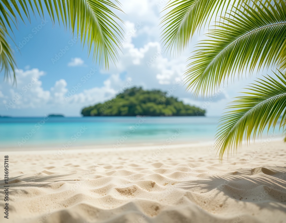 Fototapeta premium Tropical Beach Paradise with Palm Leaves, Turquoise Water, and Distant Island