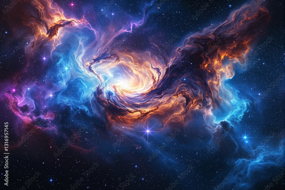 Abstract cosmic nebula with luminous swirls of blue and orange light in a starry background. Abstract cosmic nebula with luminous swirls of blue and orange light in a starry background.