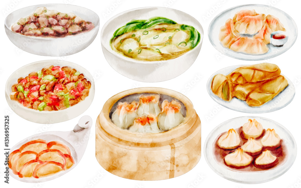 Watercolor Dim Sum Illustration Set, Hand-painted, Authentic, Traditional, Steamed Dumplings, Buns, Rice Rolls, Porridge, Chinese Cuisine, Food, Restaurant, Asian Culture Watercolor Dim Sum Illustration Set, Hand-painted, Authentic, Traditional, Steamed Dumplings, Buns, Rice Rolls, Porridge, Chinese Cuisine, Food, Restaurant, Asian Culture