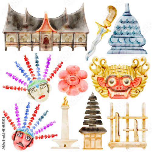 Watercolor Indonesian Culture Illustration Set, Traditional House, Temple, Mask, Ondel-ondel, Keris Dagger, Monas, Gamelan, Festival, Hand-painted, Heritage, Vector, Illustration