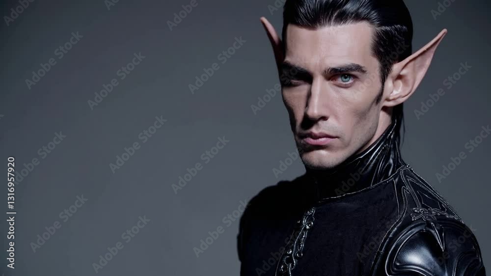 brutal possessive man with black hair and blue eyes, elf ears, wearing fantasy black outfit. He has a muscular body against a dark grey background . 