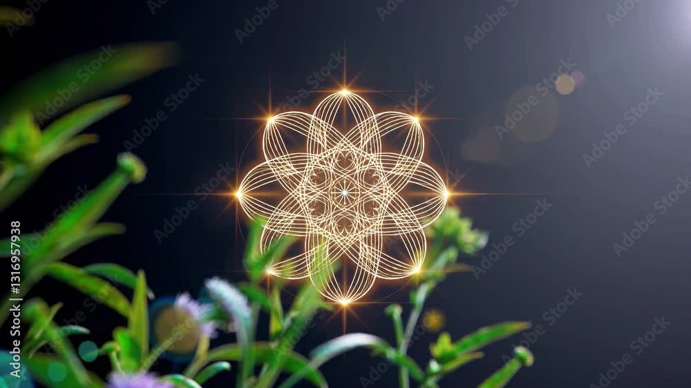 sacred geometry flower of life in the center, surrounded by nature elements like flowers and plants, against a dark background with a bokeh effect, volumetric lighting	