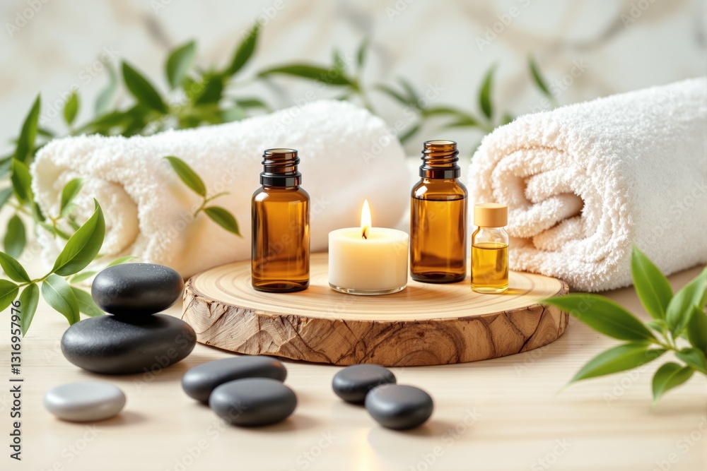 Spa essentials with candle, oils, stones, and towels on a calm, natural background. Spa essentials with candle, oils, stones, and towels on a calm, natural background.