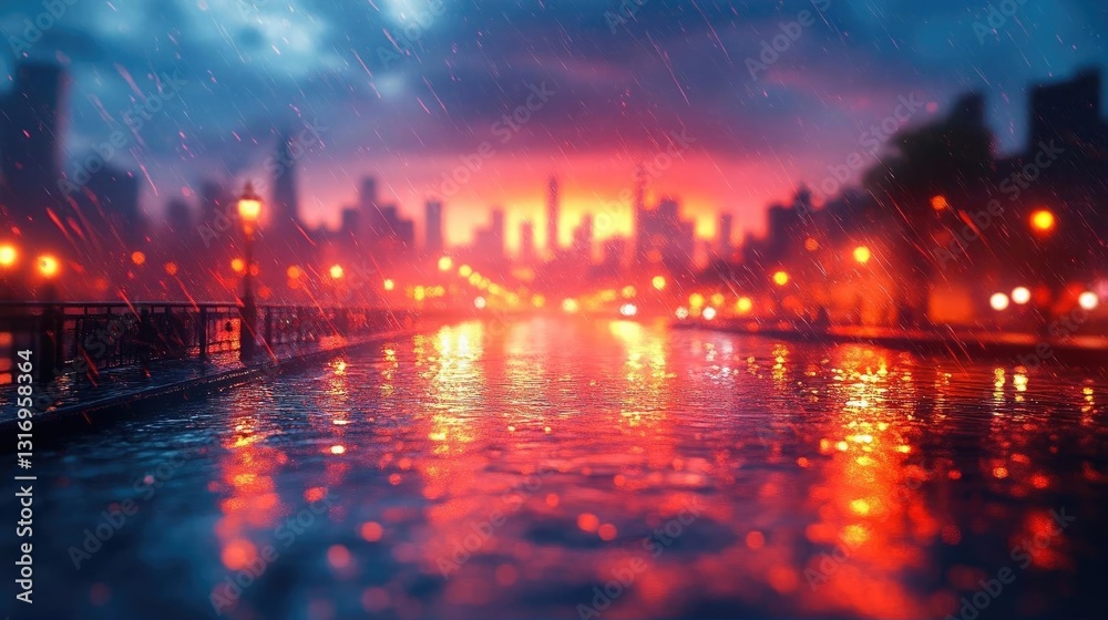 Fototapeta premium Vibrant city skyline at sunset reflecting on a rainy river with glowing street lamps