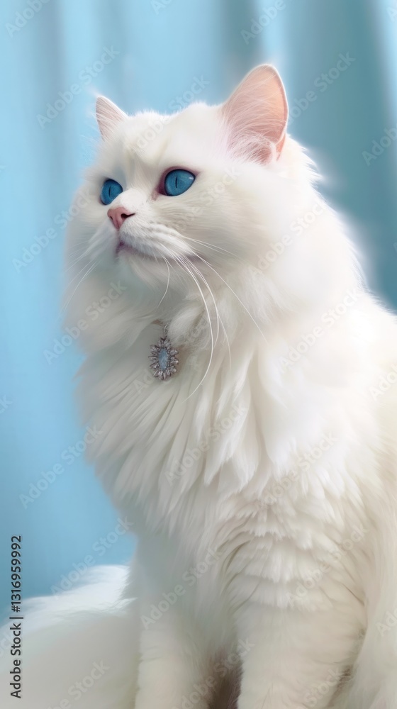 A Majestic White Cat with Vibrant Blue Eyes and a Delicate Silver Pendant A Majestic White Cat with Vibrant Blue Eyes and a Delicate Silver Pendant