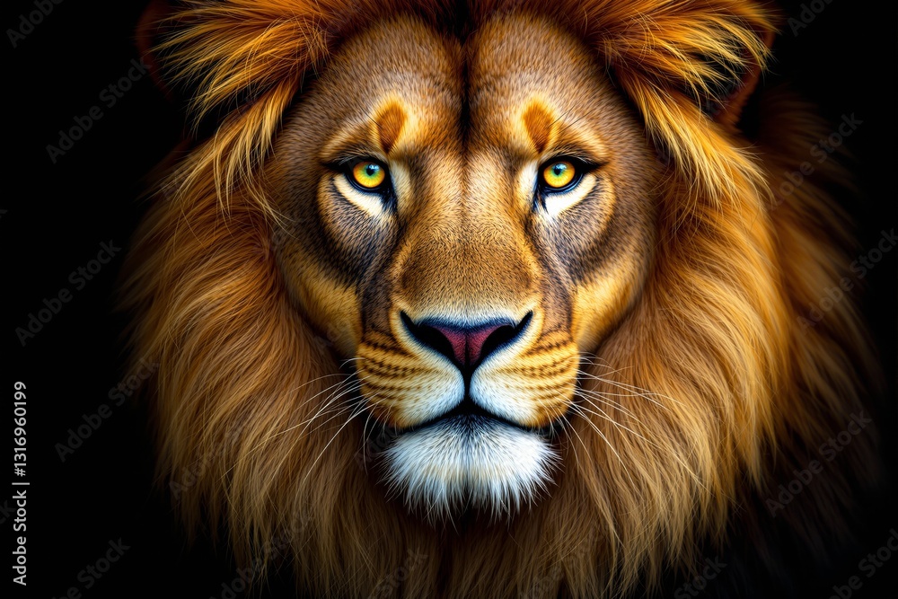 Fototapeta premium Majestic lion portrait with intense golden eyes on a black background.
